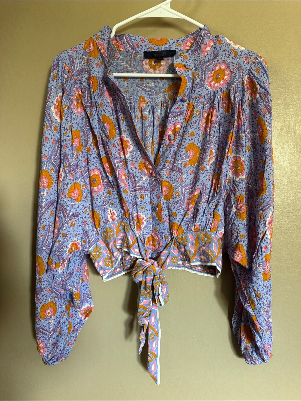 Rachel Lavender Floral Tie-Front Blouse with Pink & Orange Accents